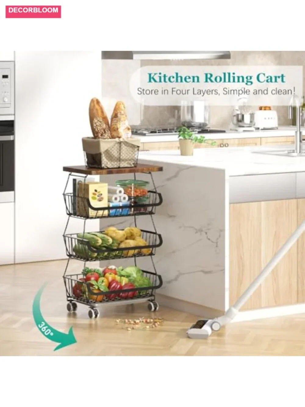 4-Tier Stackable Wire Fruit Basket Organizer with Wooden Lid on Wheels